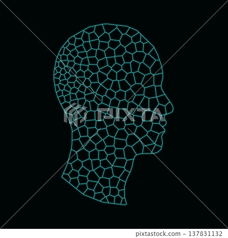 Cyan Neon Voronoi Human Head Profile on Black Background 137831132