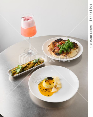 Luxurious breakfast arrangement with eggs and vegetables Luxurious breakfast arrangement with eggs and vegetables 137831194