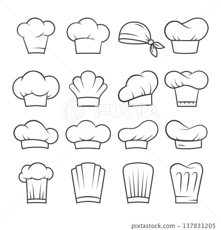 Set of sixteen chef hats and headwear outlines in different shapes 137831205