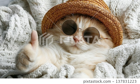 Ginger cat wearing sunglasses and straw hat giving thumbs up Ginger cat wearing sunglasses and straw hat giving thumbs up 137831223