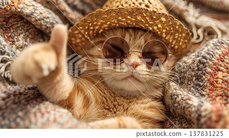 Ginger cat giving thumbs up wearing sunglasses and straw hat Ginger cat giving thumbs up wearing sunglasses and straw hat 137831225