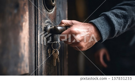 Hand opening old wooden door with keys Hand opening old wooden door with keys 137831233