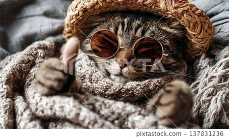Tabby cat wearing sunglasses and hat giving thumbs up Tabby cat wearing sunglasses and hat giving thumbs up 137831236