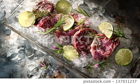 Raw beef fillets on ice with lime and rosemary 137831237