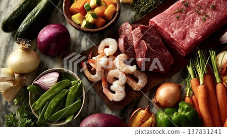 Fresh beef, shrimp, and diverse cut vegetables preparing for cooking 137831241