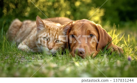 Dog and cat resting together showing friendship and companionship Dog and cat resting together showing friendship and companionship 137831244
