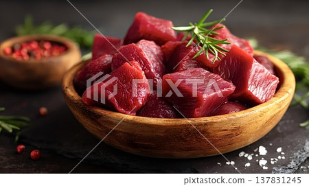 Raw beef cubes with rosemary and peppercorns Raw beef cubes with rosemary and peppercorns 137831245