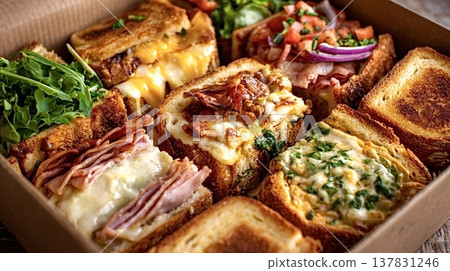 Assorted gourmet sandwiches and toasted bread in catering box Assorted gourmet sandwiches and toasted bread in catering box 137831246