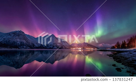 Aurora borealis dancing over snowy mountains reflecting in lake Aurora borealis dancing over snowy mountains reflecting in lake 137831247