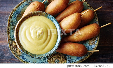 Corn dogs with mustard dipping sauce on wooden background Corn dogs with mustard dipping sauce on wooden background 137831249