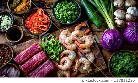 Raw beef, shrimps, and fresh vegetables for cooking on wooden board Raw beef, shrimps, and fresh vegetables for cooking on wooden board 137831250