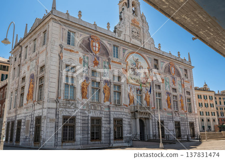 Genoa, liguria, italy. May 18, 2024. Palazzo san giorgio, a historic medieval building, showcasing renaissance frescoes and an ornate facade in genoa, liguria, italy 137831474