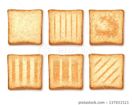 Realistic bread toasts. 3d toast slices top view, square different degree grilled toaster crispy sandwich bread bakery wheat grain crust crunchy isolated garish vector illustration Realistic bread toasts. 3d toast slices top view, square different degree grilled toaster crispy sandwich bread bakery wheat grain crust crunchy isolated garish vector illustration 137831521