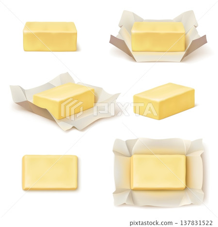 Realistic butter block. 3d margarine stick open wrapping package, spread bar cheese slice cream piece dairy milk product breakfast cooking food isolated garish vector illustration 137831522