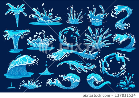 Cartoon water splashes. Wave splash liquid drop sea droplet blue fluid drip spray ocean foam fountain flow effect abstract flowing rain splatter shape ingenious vector illustration 137831524