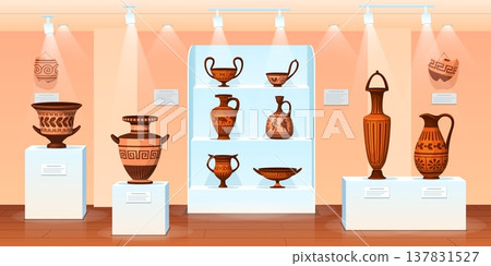 Museum ancient pottery. History art gallery cartoon interior, antique greek vase roman jug handicraft pot artwork hall room archaeological pottery qualitative vector illustration Museum ancient pottery. History art gallery cartoon interior, antique greek vase roman jug handicraft pot artwork hall room archaeological pottery qualitative vector illustration 137831527