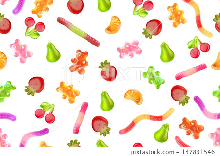 Jelly candy pattern. Realistic gummy candies seamless background, fruit sweet chewy marmalade cherry strawberry bear worms shape 3d sugar dessert snack exact vector illustration Jelly candy pattern. Realistic gummy candies seamless background, fruit sweet chewy marmalade cherry strawberry bear worms shape 3d sugar dessert snack exact vector illustration 137831546