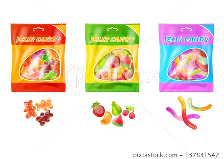 Jelly candy package. Gummy bear realistic pack snack sweet dessert marmalade sugar, fruit gum confectionery vitamin candies gelatin pouch wrapper box, 3d exact vector illustration Jelly candy package. Gummy bear realistic pack snack sweet dessert marmalade sugar, fruit gum confectionery vitamin candies gelatin pouch wrapper box, 3d exact vector illustration 137831547