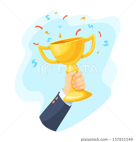 Winner hand trophy. Hand raise golden cup awards ceremony banner, sport competition champion best employee business office victory prize goal achievement neat vector illustration 137831549