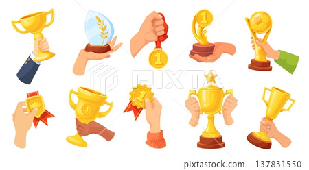 Hands hold trophy. Champion hand holding golden cup award, winner sport medal first place celebration win badge reward competition prize triumph goblet, neat vector illustration 137831550