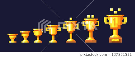 Pixel trophy cup animation. Golden cups game level win progress, retro video 8 bit arcade gaming winner awards player achievement reward golden trophies, neat vector illustration Pixel trophy cup animation. Golden cups game level win progress, retro video 8 bit arcade gaming winner awards player achievement reward golden trophies, neat vector illustration 137831551