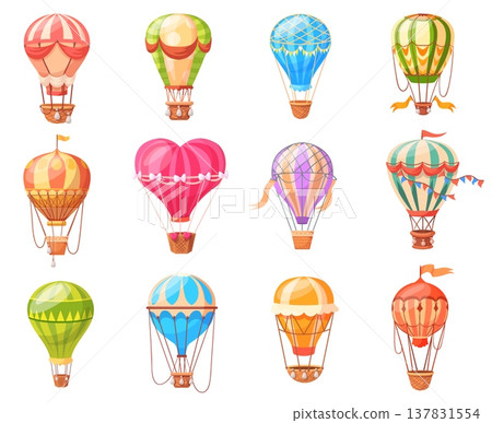 Cartoon hot air balloons. Colorful aerostat with basket, balloon vintage flight travel retro fly sky transport isolated airballoon cappadocia journey trip neat vector illustration Cartoon hot air balloons. Colorful aerostat with basket, balloon vintage flight travel retro fly sky transport isolated airballoon cappadocia journey trip neat vector illustration 137831554