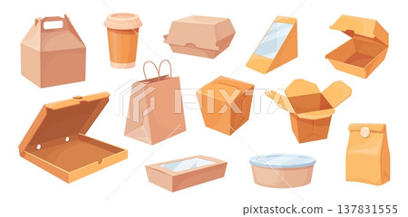 Delivery cardboard bags. Takeaway food box, paper bag burger sandwich snack plastic craft package coffee cup pizza takeout lunch boxes containers cartoon neat vector illustration 137831555