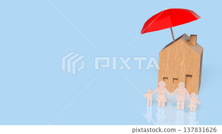 Home And Family Protection Concept With Red Umbrella 3d render. Home And Family Protection Concept With Red Umbrella 3d render. 137831626