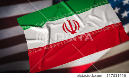 Iran National Flag With Blurred United States Flag Background Geopolitical Tension Concept 3d render. 137831636