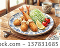 An illustration of fried shrimp served on a plate. 137831685