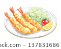 An illustration of fried shrimp served on a plate. 137831686