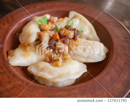 [Ukraine] Vareniki dumplings served at a restaurant in Lviv, western Ukraine 137831795