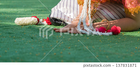 Traditional Thai dance close perspective focusing on expressive hand and foot gestures with intricate costume details and cultural performance style. Traditional Thai dance close perspective focusing on expressive hand and foot gestures with intricate costume details and cultural performance style. 137831871