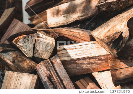 Preparation of firewood for the winter. Firewood background. 137831970
