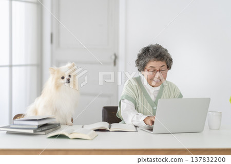 A senior woman who works at a desk and her beloved dog A senior woman who works at a desk and her beloved dog 137832200