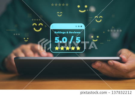 5-star customer feedback and business review concept on digital tablet. Perfect for service satisfaction, online marketing, quality experience, and positive testimonial. 137832212