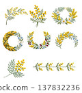 Mimosa embroidery-style illustration set: Frame, wreath, and decorative elements. 137832236