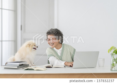 一位在辦公桌前工作的老婦人和她心愛的狗狗 137832237