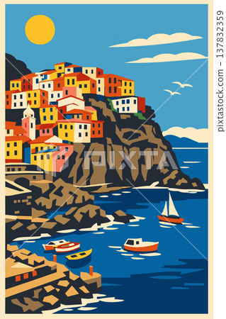 Manarola Cinque Terre Italy Vintage Travel Poster Flat Vector Illustration 137832359
