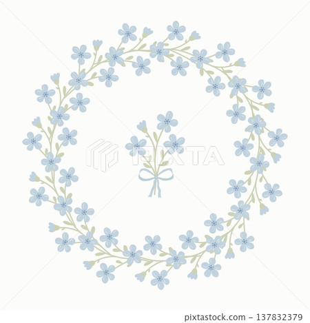 Delicate vector wreath and small bouquet of blue forget me not flowers with ribbons. Vintage floral frame template for wedding invitations, spring greeting cards, organic labels and nursery decor. 137832379