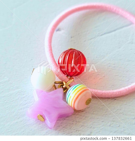 Handmade colorful kids' hair tie with lots of beads - pink with a star design 137832661