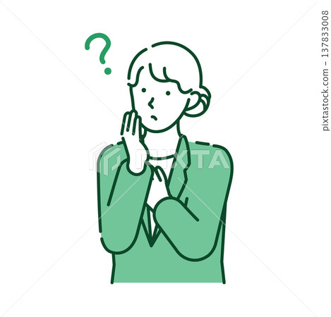 一幅線條畫，描繪了一位身著西裝的年輕女子在商務場合中顯得心事重重。 137833008