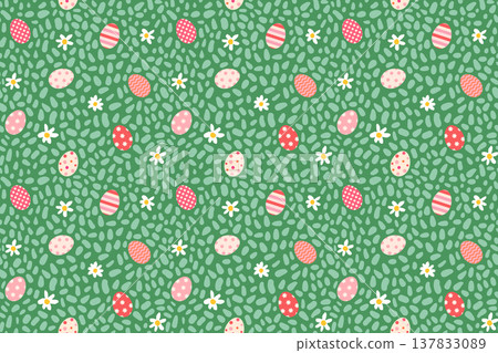 Easter eggs and daisies on grass vector seamless pattern, Cute spring background for Easter egg hunt designs 137833089