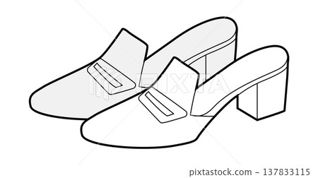Loafer mule shoe women sketch pair. Slip on block heel shoe for office, casual chic, city outfit. Technical fashion Loafer mule shoe women sketch pair. Slip on block heel shoe for office, casual chic, city outfit. Technical fashion 137833115