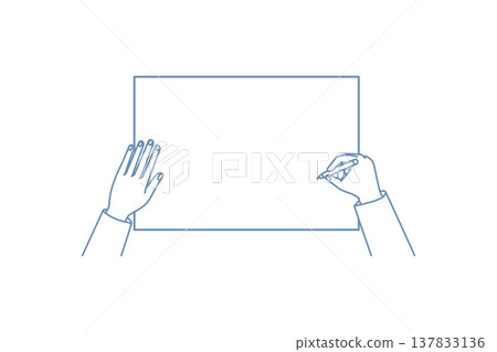 一幅線條畫插圖，描繪了一隻手用鋼筆在文件上書寫。 137833136