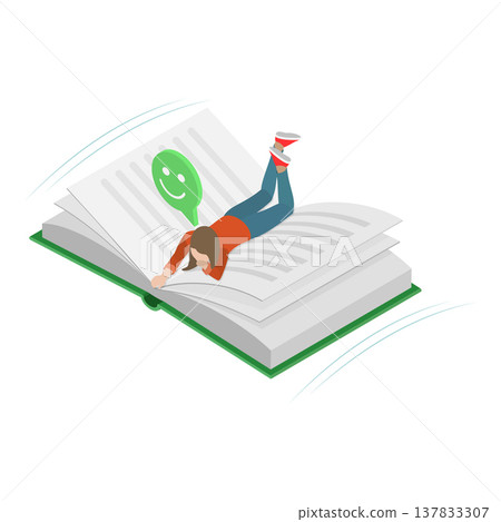 3D Isometric Flat Vector Illustration of Book Reading, Couple Soaring Above On Books Above The Clouds. Item 1 3D Isometric Flat Vector Illustration of Book Reading, Couple Soaring Above On Books Above The Clouds. Item 1 137833307