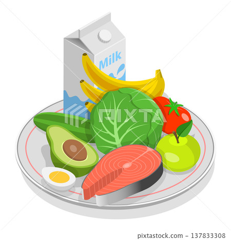 3D Isometric Flat Vector Set of Vegetarian Food Plates, Organic Grocery Products. Item 2 3D Isometric Flat Vector Set of Vegetarian Food Plates, Organic Grocery Products. Item 2 137833308