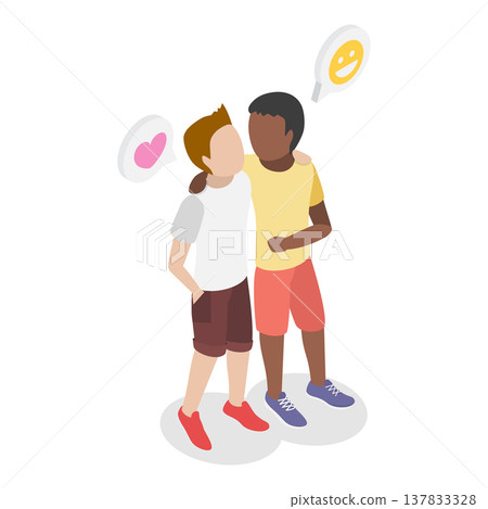 3D Isometric Flat Vector Illustration of Hugging Kids, Kids Friends Embracing In Warm Hug With Innocent Giggles And Genuine Smiles. Item 3 137833328