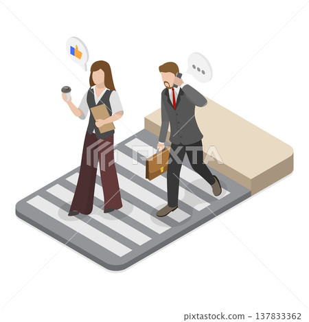3D Isometric Flat Vector Illustration of Crosswalk and Traffic Lights, City Street Pedestrians Featuring People Walking. Item 1 137833362