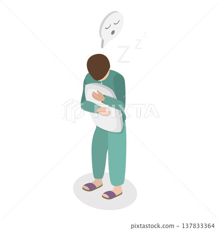 3D Isometric Flat Vector Illustration of Relaxation and Daydreaming, Woman In Pajamas Holds Fluffy Pillow, Feeling Happy And Relaxed. Item 1 3D Isometric Flat Vector Illustration of Relaxation and Daydreaming, Woman In Pajamas Holds Fluffy Pillow, Feeling Happy And Relaxed. Item 1 137833364